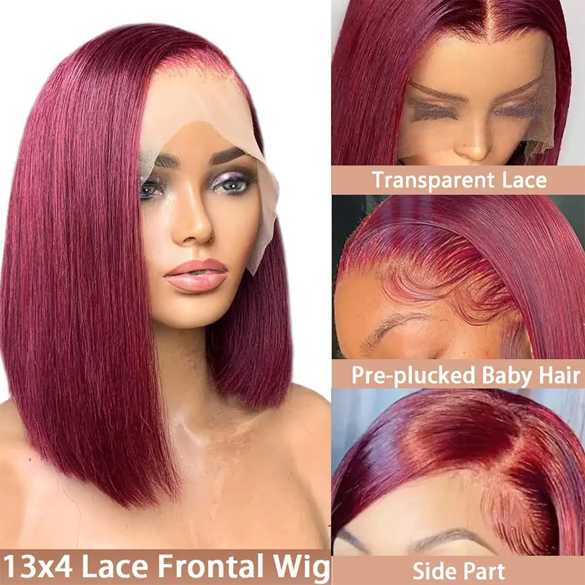99J Burgundy bob wigs 13x4 Lace Front wigs human hair 150% Pre Plucked Straight short bob human Hair Wigs For Black Women