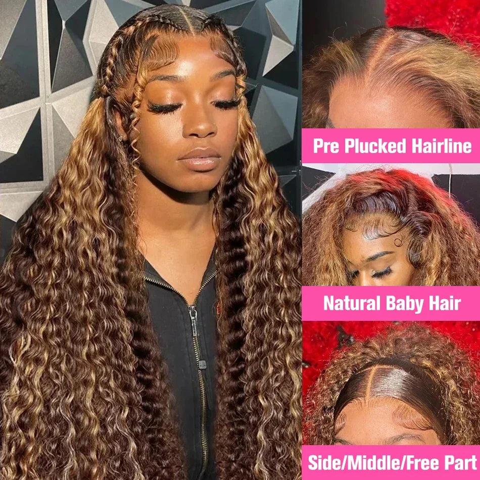 Honey Blonde Deep Water Wave 13x6 HD Lace Frontal Wig Human Hair Wear Go Glueless Highlight Curly Human Hair Wigs 30 32 34 Inch
