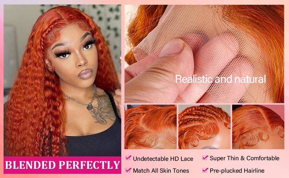Ginger Orange 13x4 Lace Frontal Wigs Human Hair 350 Deep Wave Lace Wig 200% Water Wave Remy Brazilian Burnt Orange Wig For Women
